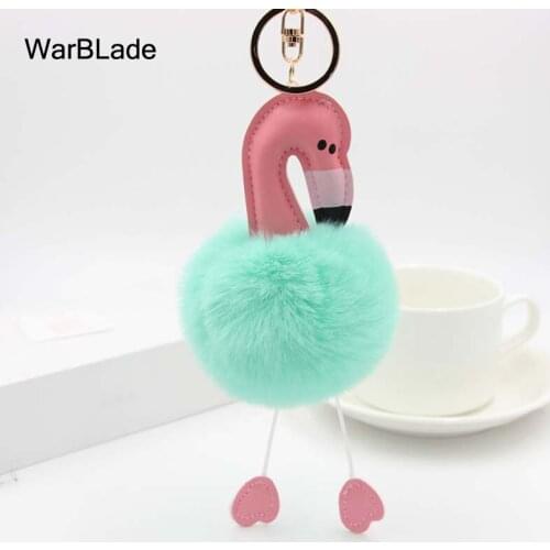 WarBLade Pompom Flamingo Keychain llaveros mujer Fluffy Artificial Rabbit Hairball Keychains Women Car Bag Key Chain Porte clef