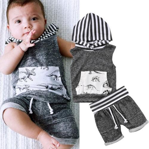 2pcs Casual Summer Boys Clothes Toddler Kids Baby Boy Sleeveless Striped Hooded T Shirt Shorts Outfit Dinosaur Boys Clothes