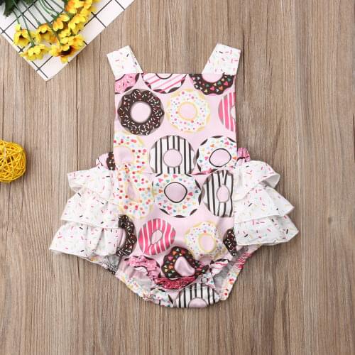 Pudcoco Newborn Baby Girl Clothes Sleeveless Doughnut Print Ruffle Romper Jumpsuit One-Piece Outfit Sunsuit Clothes 0-24M