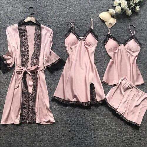 Silk Robe Sleep Suit Womens Lace Satin Pajamas Gown Set V-neck Cami Nighties Wear Pijama Home Nightwear Nightdress