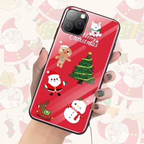 Cute Christmas Deer Tree Glass Phone Case For iPhone 11 Pro Max SE XSmax XR XS X 10 8 7 6s 6 Plus Luxury Silicone Cover coque