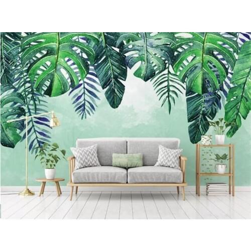 Nordic minimalist hand-painted fresh tropical leaves TV sofa wall custom large mural wallpaper papel de parede