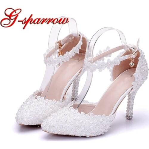Pointed Toe High Heel Wedding Dress Shoes Thin Heel Summer Sandals White Lace Princess Formal Dress Shoes Banquet Party Pumps