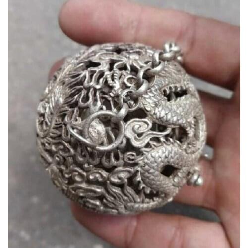 Tibet silver plated carved hollow out dragon hand old the crick cage ball