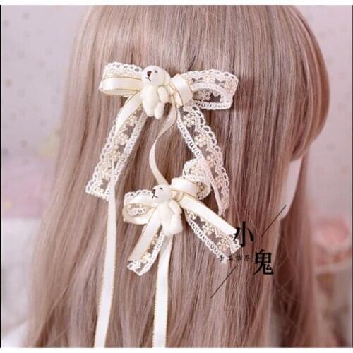 Japanese Lolita Womens Korean Kawaii Bowknot with bear Hair Pin Ribbon Headwear Cosplay Hair Accessories Side clip B587