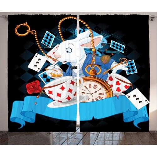 White Rabbit Alice Curtains Bunny Tea Cup Clock Cards Satin Fabric Drapes for Living Room Bedroom 2 Panel Window Set