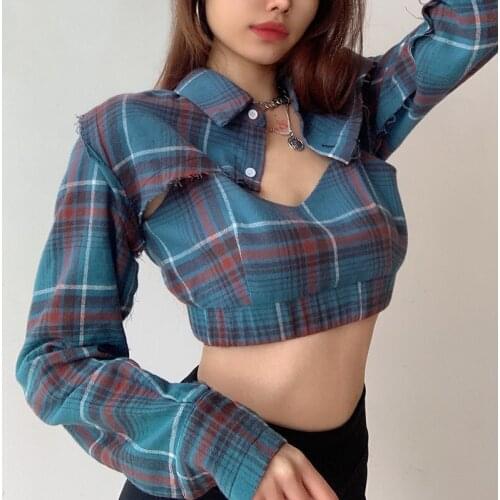 Harajuku High Street Y2K Aesthetic Plaid Print Long Sleeve Crop Top T Shirt Women Patchwork 2 Pieces Turn-down T-shirt