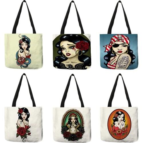 Day of The Dead Skull Girl Tote Bag For Women Fashion Handbags Fodling Reusable Shopping Bag With Double Side Characters Printed