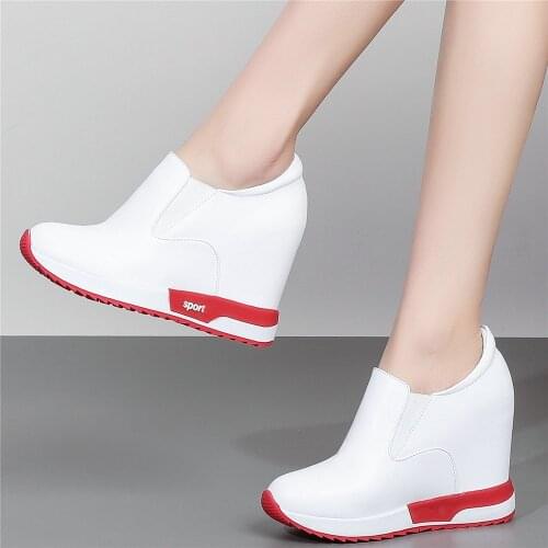 2021 Platform Creepers Women Slip On Genuine Leather Wedges High Heel Pumps Shoes Female Round Toe Fashion Sneakers Casual Shoes