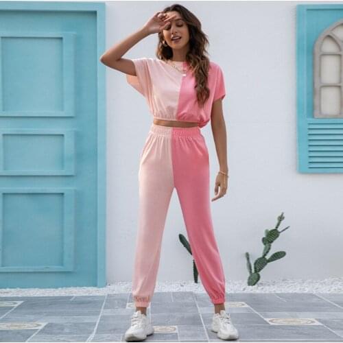 2021 New Summer Patchwork Women Tracksuit Two Piece Pants Sets Short Sleeve Crop Top + Sweatpants Trousers Outfits
