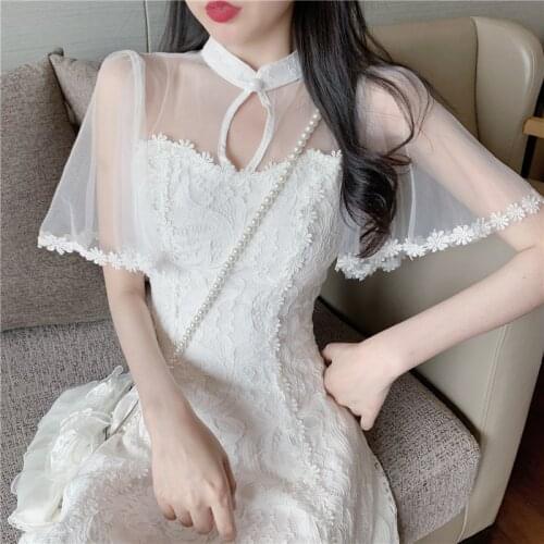 Ladies White Lace Improved Cheongsam Stand Collar Patchwork Sexy Slim Mini Dress Summer Women Chinese Style Party Dresses 2021