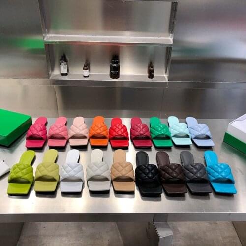 2021 summer Square-head rhombic sheepskin suture flat sandals slippers Ladies Fashion Leather Outdoor Casual Slipper Candy Color