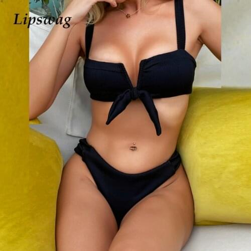 2021 Summer Women Bowknot Hollow Swimming Bikini Set Sexy Solid Color Fashion Halter Thong Swimwear Beachwear Bathing Suit L