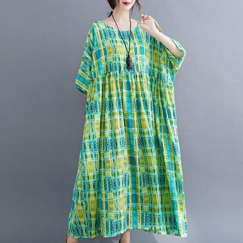 2021 New Short Sleeve Summer Dress Green Plaid Soft Cotton Loose Women Dress Print Plus Size Female Long Maxi Casual Dress