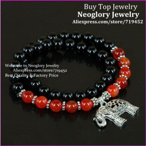 5PCS Carnelian With Black Onyx Stone Bead Bracelet,Double Wrap Bracelet Silver Elephant Charm Bracelet Yoga Meditation Bracelet