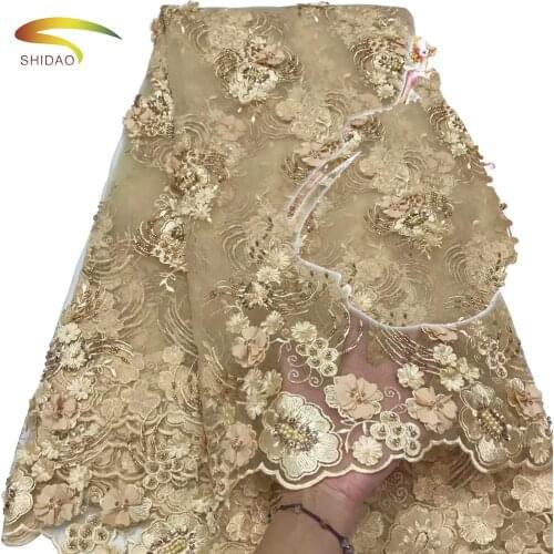 African 3D Floral swiss voile lace Gold Beads Embroidery Bridal Gold 3D Lace Fabrics For Wedding Dress