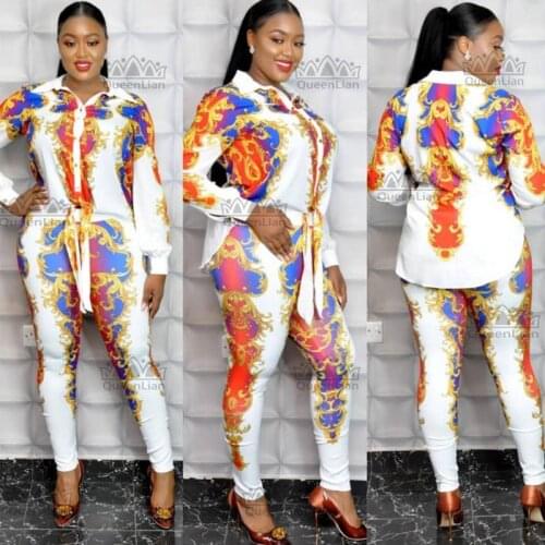 African Clothes For Lady Fashion Shirt Top and Elastic Pants Suit Chiffon Dress XFTZ08