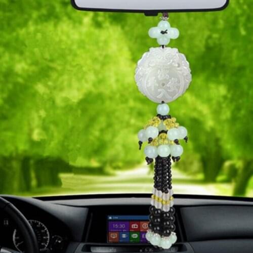 White jade car pendant Buddha embracing brave car interior rearview mirror decoration double-sided entry and exit safety symbol