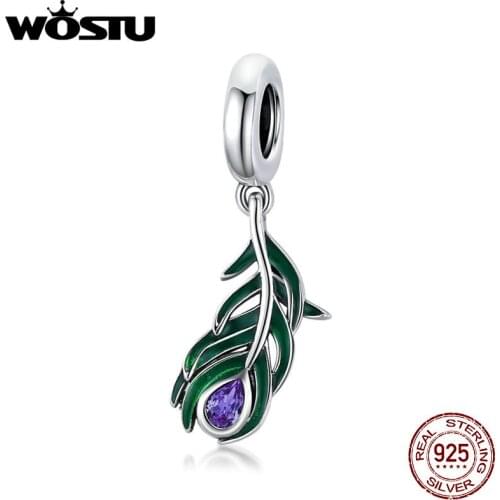 WOSYU 2020 Peacock Feather Beads 925 Sterling Silver Blue Feather Charm Pendant Fit DIY Bracelet Necklace Jewelry Gift BKC1704