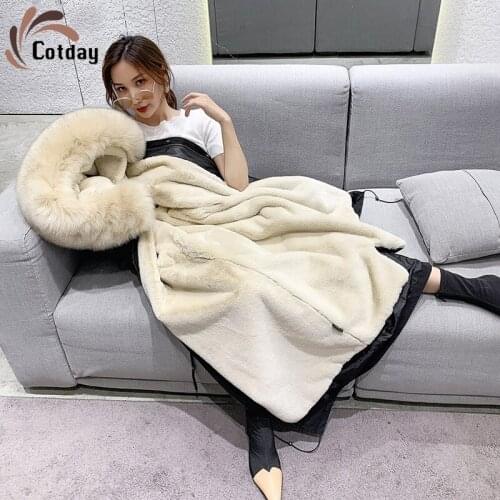 Cotday Office Lady V-Neck Style Fur Belt Overcomes Women Fox Fur Collar Rex Rabbit Hair Sleeve Detachable Warm Winter Long Coats
