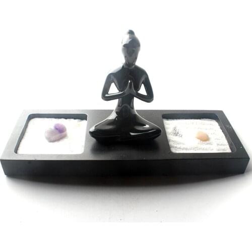 Home Decor Small Black Tray Zen Rock Garden Meditating Statue Sand Tray Home Meditation Zen Garden Home Decor