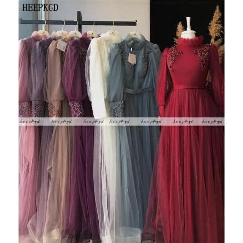 Elegant Long Evening Dress High Neck Long Sleeves Pearls Tulle Muslim Prom Gowns Plus Size Women Formal Party Gowns Custom Made