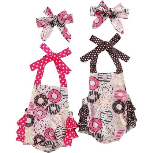 FOCUSNORM Infant Baby Girls Boys Cute Rompers Donuts Printed Ruffles Strapless Sleeveless Belt Jumpsuits Headband 2PCS