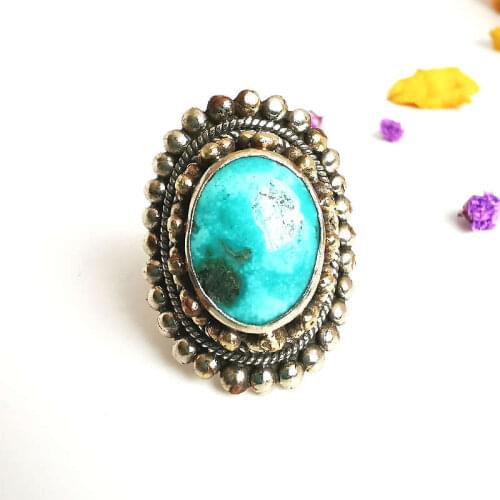 Natural Stone Rings Copper Inlaid Turquoises Big Flower Rings for Man Oval Ring R234