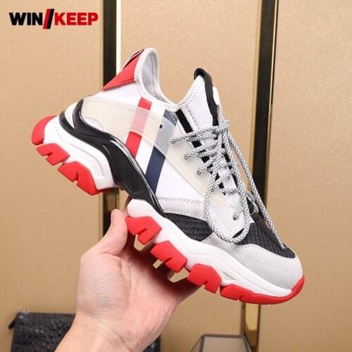 Spring Autumn Men Genuine Leather Spliced Mesh Breathable Platform Fashion Casual Sport Shoes Round Toe Jogging Sneakers Running