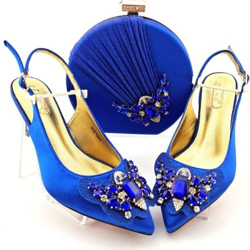 Fashionable Royal BLue Heel 7.5CM Women Pumps Match Bag With Rhinestone Flower Decoration African Shoes And Handbag Set QSL031