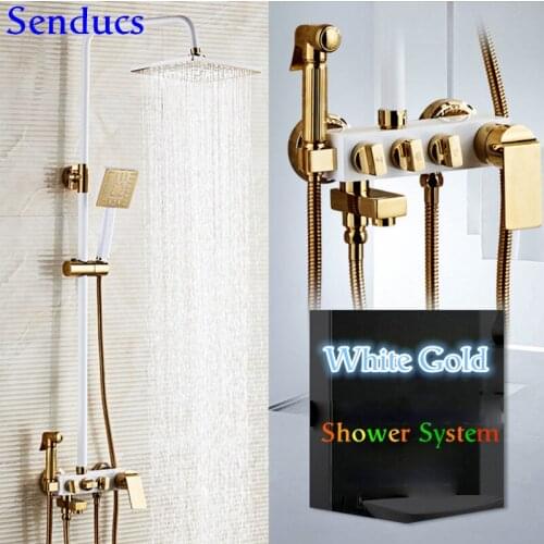 Senducs White Gold Shower Set With Raining Shower System Black Gold Button Bathroom Shower Set Thermostatic Black Shower Set