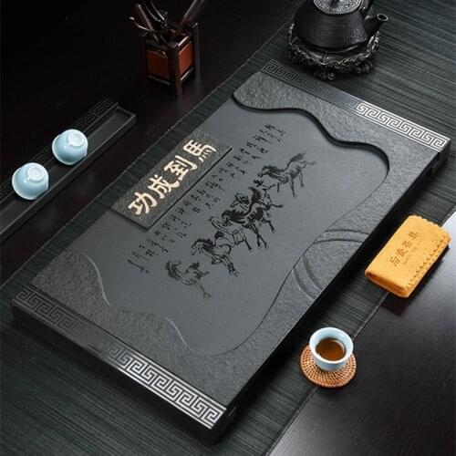 Handmade tea tray horse print success symbol weighted heavy black stone tea table for Chinese kungfu tea set L68cm serving trays