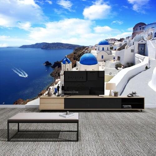 Custom 3D Photo Wallpaper Mediterranean City Building Blue Sea Landscape Wall Mural Wallpapers For Living Room Bedroom Backdrop