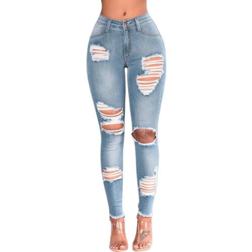 SAGACE Womens Denim Skinny Trousers High Waist Jeans Destroyed Knee Holes Pencil Pants Trousers Stretch Ripped Boyfriend A1126