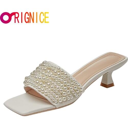 Orignice Summer Women Mid Heel Slippers String Bead Ladies Sandals Open Toe Flip Flops Female Slides Fashion Dress Prom Shoes