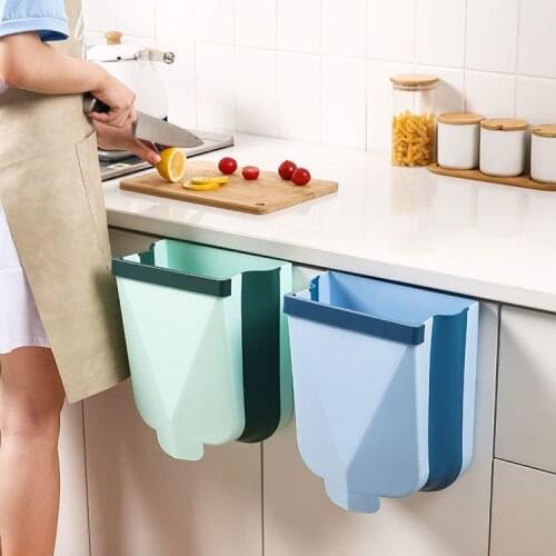 Folding Trash Can Kitchen Cabinet Door Hanging Waste Bin Wall Mounted Trashcan Space Saving Garbage Box Toilet Waste Storage