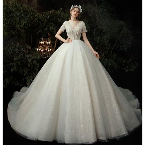 Wedding Dress Deep V-Neck Tulle Embroidery Short Sleeves Simple Elegant Pearls Bling Lace up Long New Women Bride Dresses B032