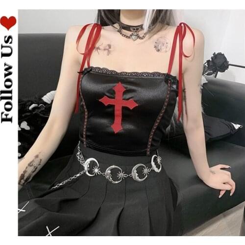 Dark Punk Crop Top Summer 2021 Womens Fashion Girly Cross Embroidery Y2k Top Gothic Sexy Crop Tie Tank Tops Women Clothes