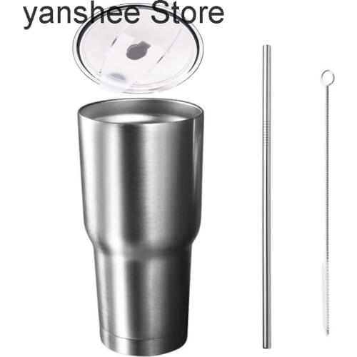 Vacuum insulated stainless steel cup for tea and coffee, straw and brush water cup for outdoor travel, 30 oz