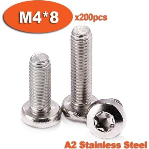 200pcs DIN7985 M4 x 8 A2 Stainless Steel Torx Pan Head Machine Screw Screws