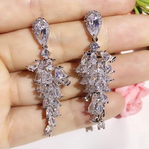 High Quality Fashion Cubic Zirconia silver colour Dangling Drop Jewelry Wheat Feather Earrings For Women
