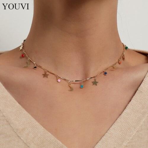 YOUVI Star Party Womens Pendant Necklace Fashion Female Choker Necklaces Jewelry Simple Ladies Color Glaze Moon Jewelry Gifts