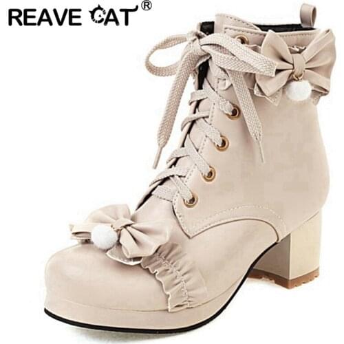 REAVE CAT Winter Ankle Boots Women Lolita Platform Cute Lace Bow Plus Size 40-43 Japanese Style School Lace-up Boots White S2470