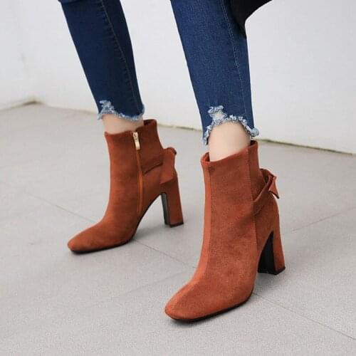 Women Boots British Style Zipper Flock Square Toe Boots Casual Fashion Bow Internal Short Plush European and American All Match