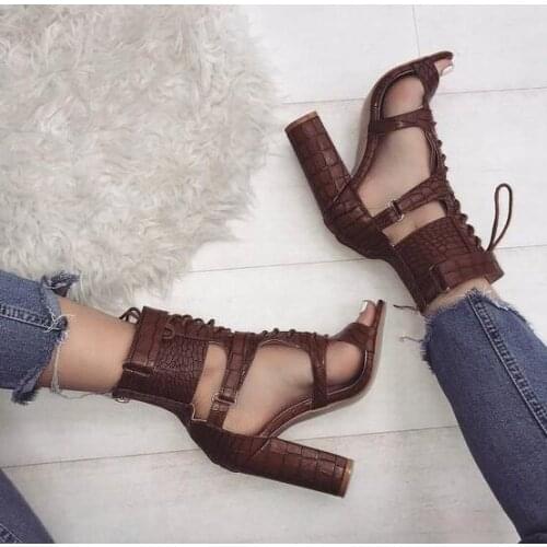 Sestito 2019 Female Sexy Snakeskin Print Chunky Heels Sandals Boots Women Lace-up Ankle Boots Lady Peep Toe Solid Summer Shoes