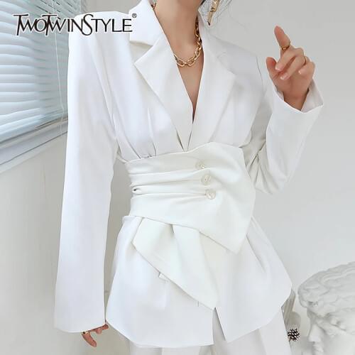 TWOTWINSTYLE White Minimalist Blazer For Women Notched Long Sleeve Sashes Elegant Blazers Female Fashion New Clothing 2021