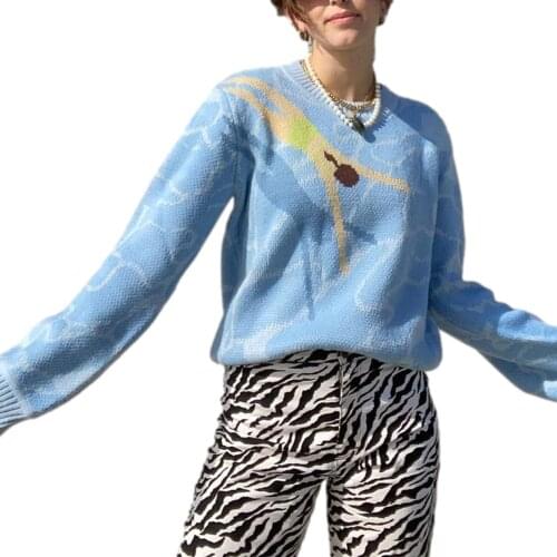 2021 Womens sweater New Women Knitted Sweater Adults Printed Long Sleeve Round Neck Sweater Blue/Green/Pink