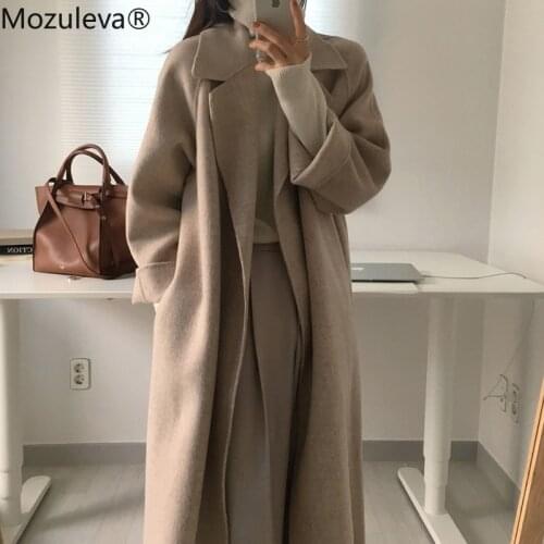 Mozuleva Women Elegant Long Wool Coat with Belt Solid Color Long Sleeve Chic Outerwear Ladies Overcoat Autumn Winter 2021