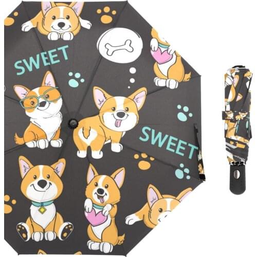 Fully Automatic Lovely Corgi Umbrella Three Folding Male Female Rain Umbrelas Windproof Portable Auto Open and Close Umbrella