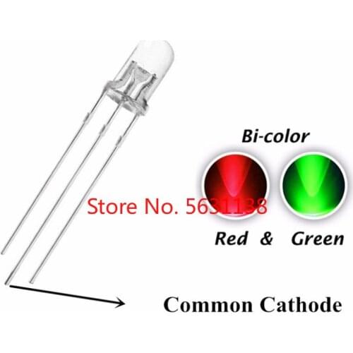 100pcs 5mm Dual Color Red Green LED Common Cathode DIP Ultra Bright Transparent Round Head Light Beads Bi-Color Water Clear Lamp